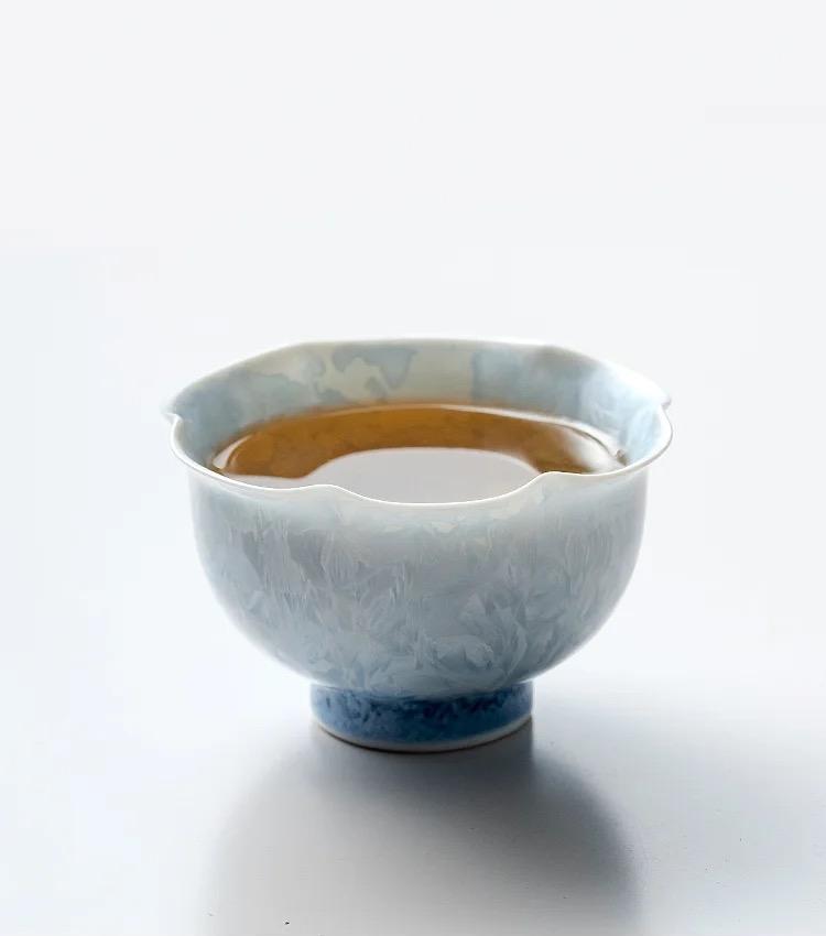 Glacial Blue Tea Cup - Flower Shape Crystallized Glazed Ceramic 80ml