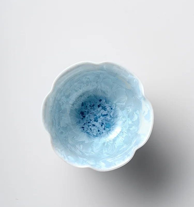 Glacial Blue Tea Cup - Flower Shape Crystallized Glazed Ceramic 80ml