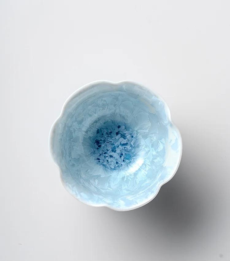 Glacial Blue Tea Cup - Flower Shape Crystallized Glazed Ceramic 80ml