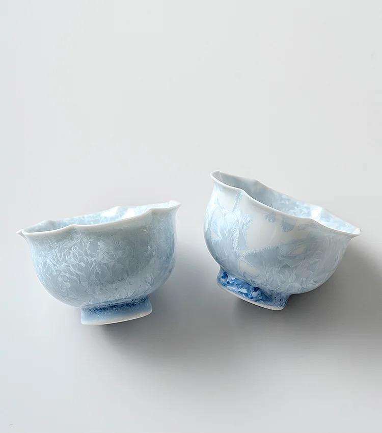 Glacial Blue Tea Cup - Flower Shape Crystallized Glazed Ceramic 80ml