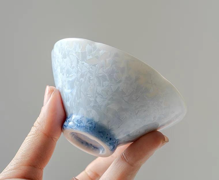 Glacial Blue Small Tea Cup - Flower Shape Crystallized Glazed Ceramic 60ml